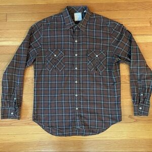Billy Reid Button Down Flannel Plaid Long Sleeve Shirt Brown Large Standard Cut